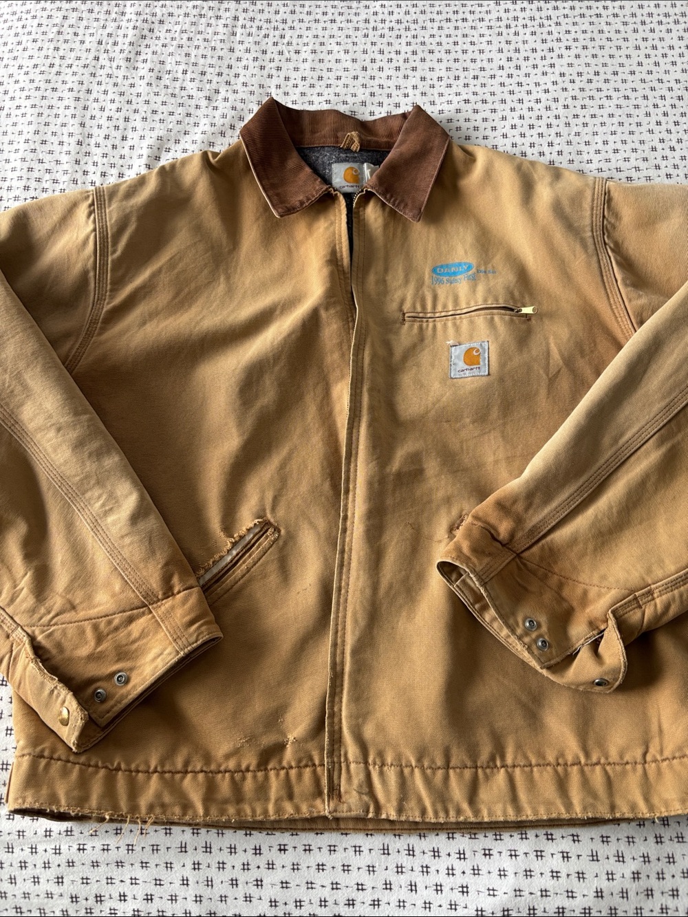 Vintage Carhartt Detroit jacket,tan canvas, blanket lined,faded/stained,size XL?